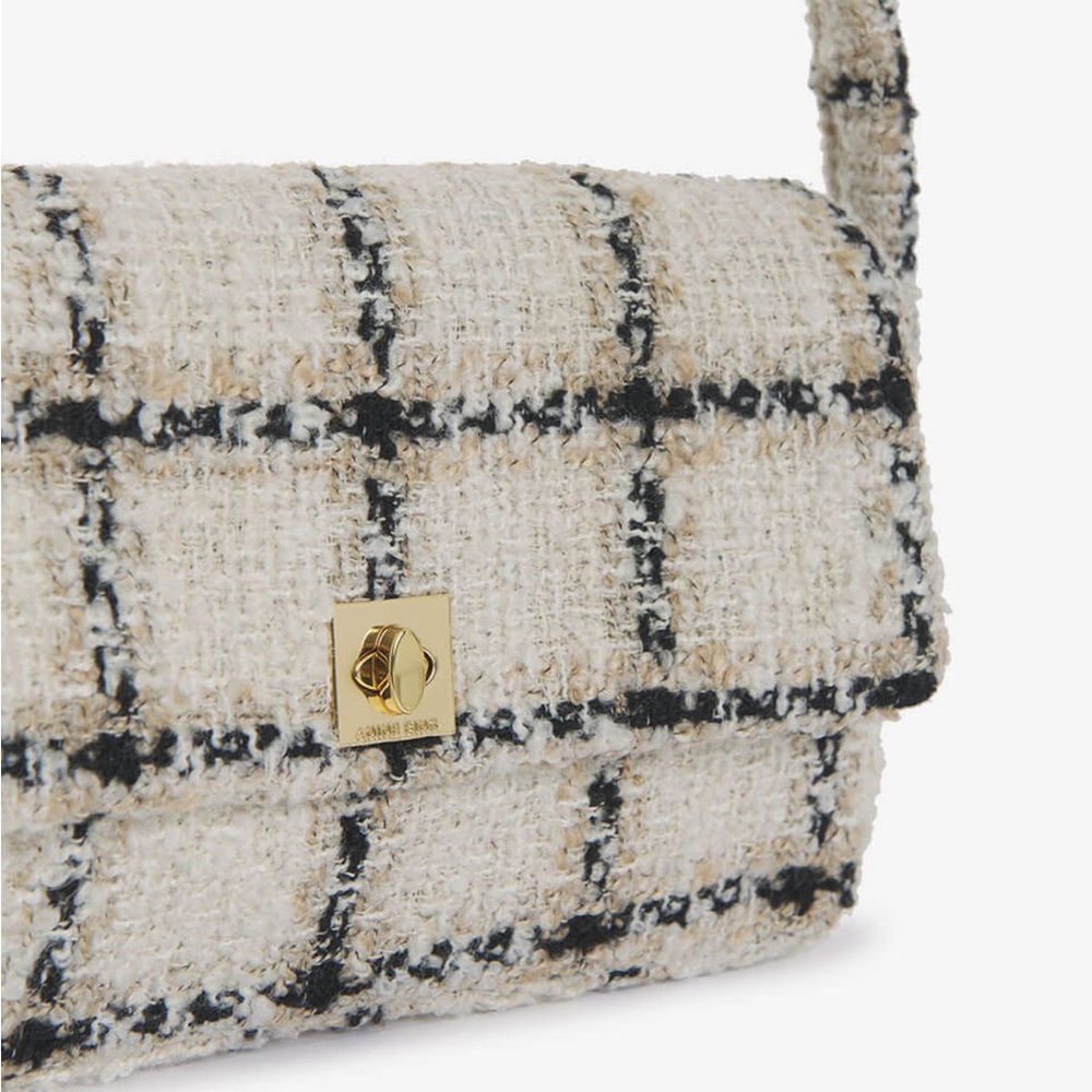 ANINE BING Black & White Textured Wool Tweed Plaid Flap Nico Shoulder Bag - Picture 10 of 17
